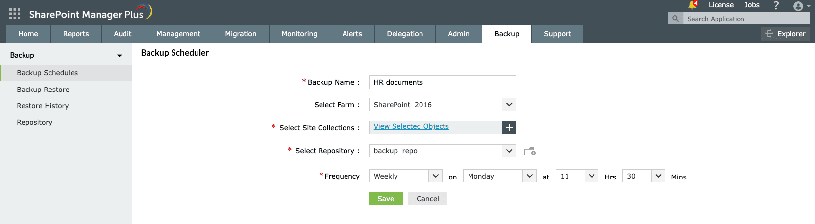 Performing a SharePoint site backup using SharePoint Manager Plus.
