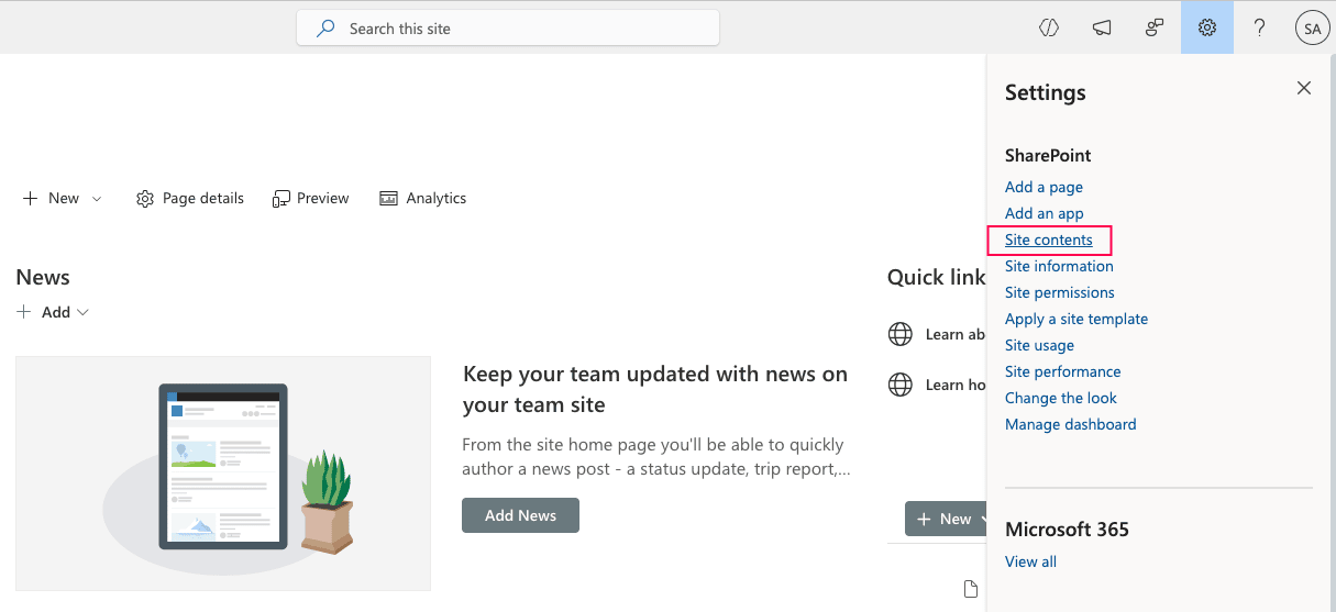 Navigating to the Site contents page in SharePoint Online to create a document library