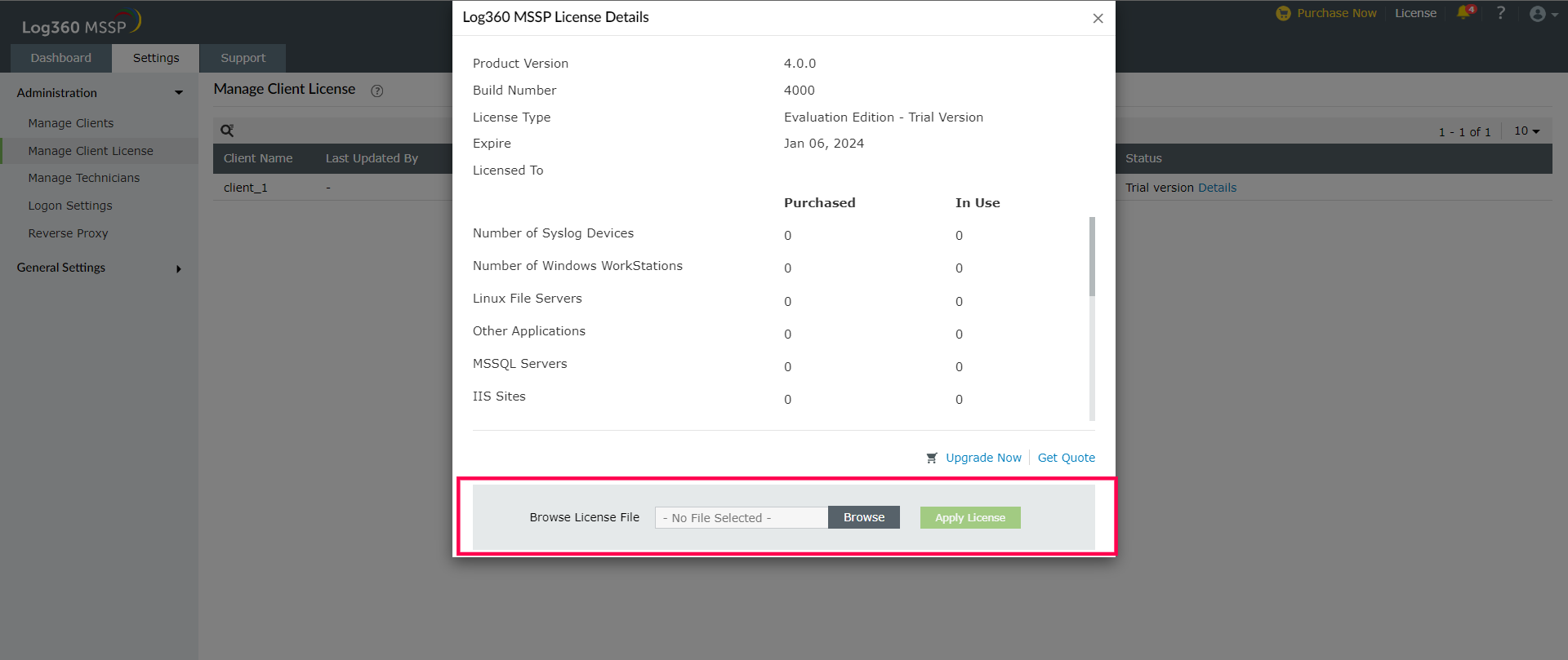 Manage Client License ManageEngine Log360 MSSP help