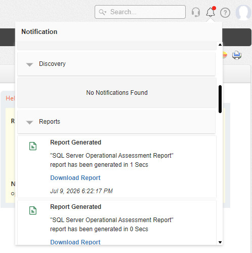 Bell icon notification panel showing Report Generated notifications with Download Report links