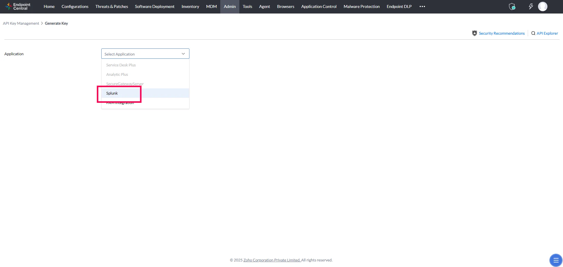 Splunk Key Option Generate Key dialog with Splunk selected from the Application dropdown