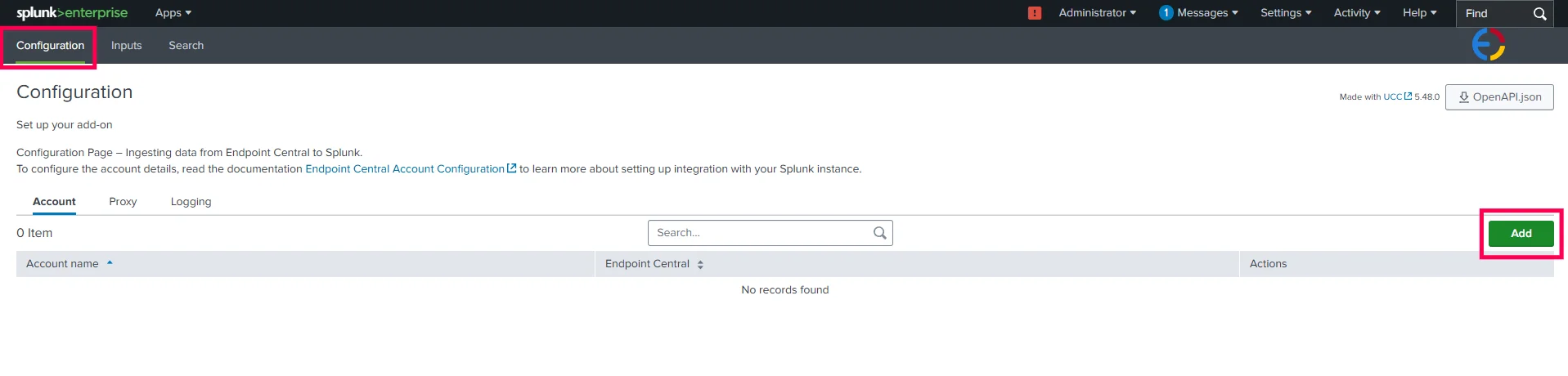 Configuration Add Splunk Configurations page showing the Add button for adding a new Endpoint Central configuration