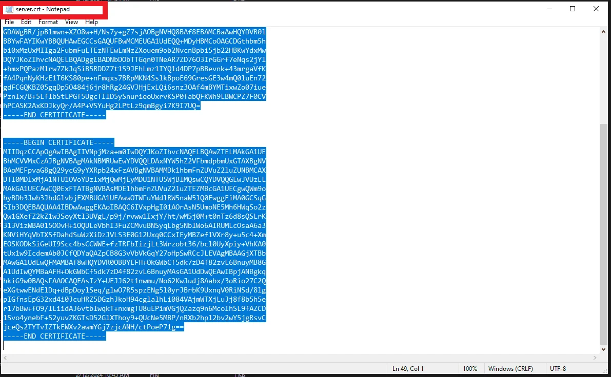 Certificate Copy server.crt file open in a text editor with certificate contents ready to copy