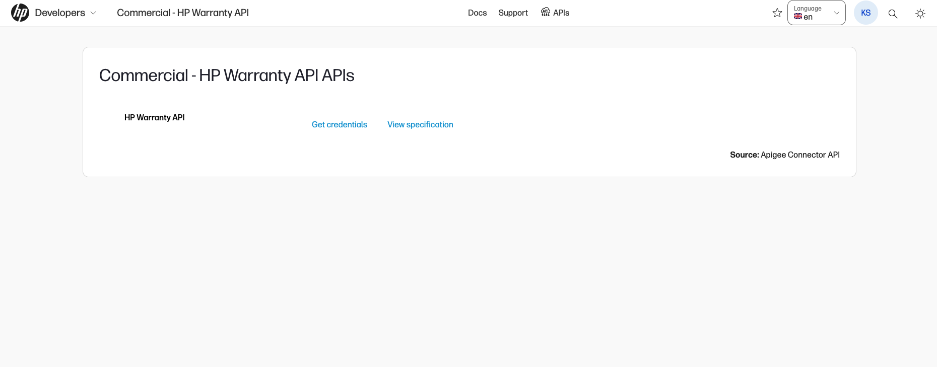 Click the Get Credentials link to go to the Get Credentials form to access the HP Warranty API.