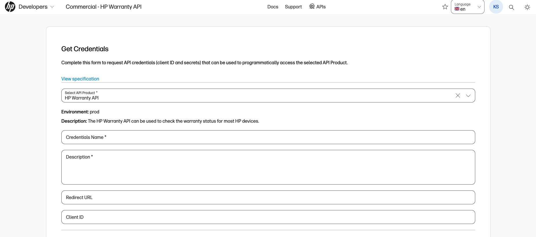 HP Warranty API Get Credential Form
