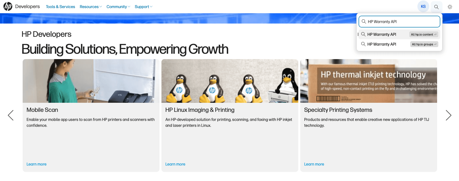 Search for the HP Warranty API by using the Search option