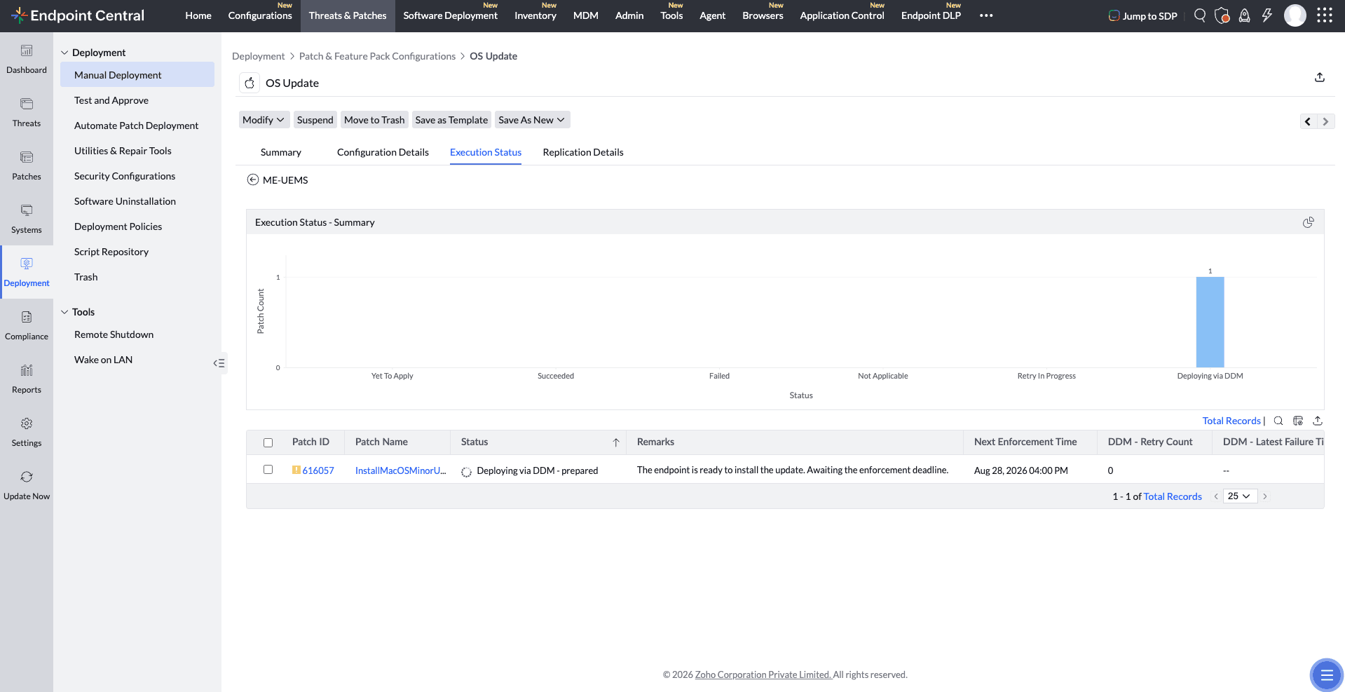 Deployment details showing Deploying via DDM status, device-reported state, next enforcement time, failure time, and retry count
