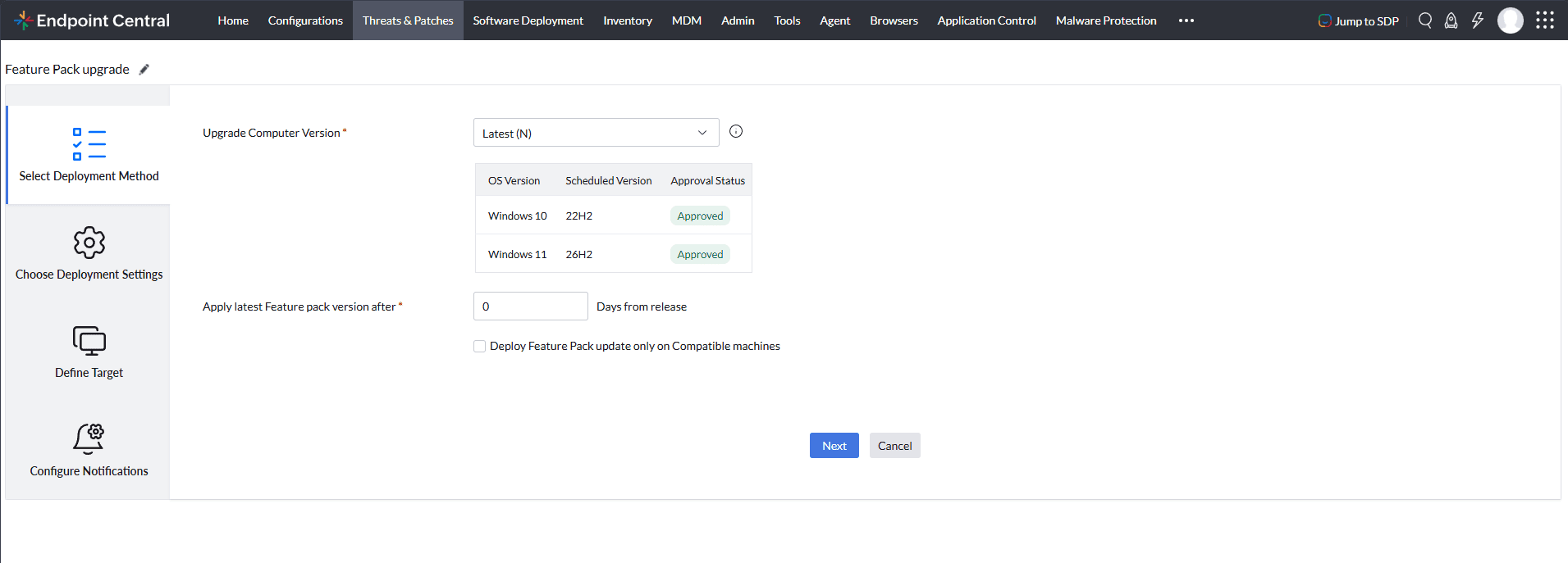 Feature pack update selection and deployment configuration in Automated Patch Deployment