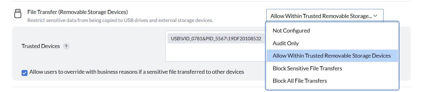 Removable Storage Devices Removable Storage Devices policy settings showing Not Configured, Audit Only, Allow Within Trusted Devices, and Block options