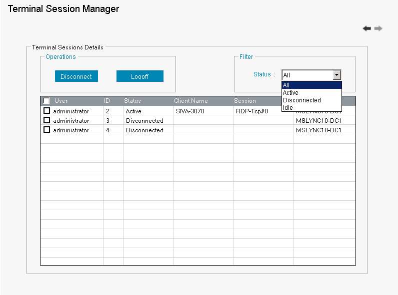 Terminal session. Session Manager. Tool Management. Connect to RDP session Manager.