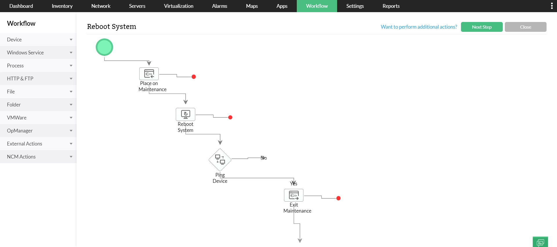 Workflow and fault management Unified ITOM - ManageEngine OpManager Nexus