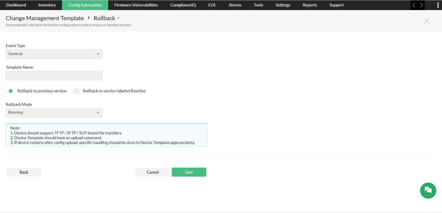 Rollback template in NCM