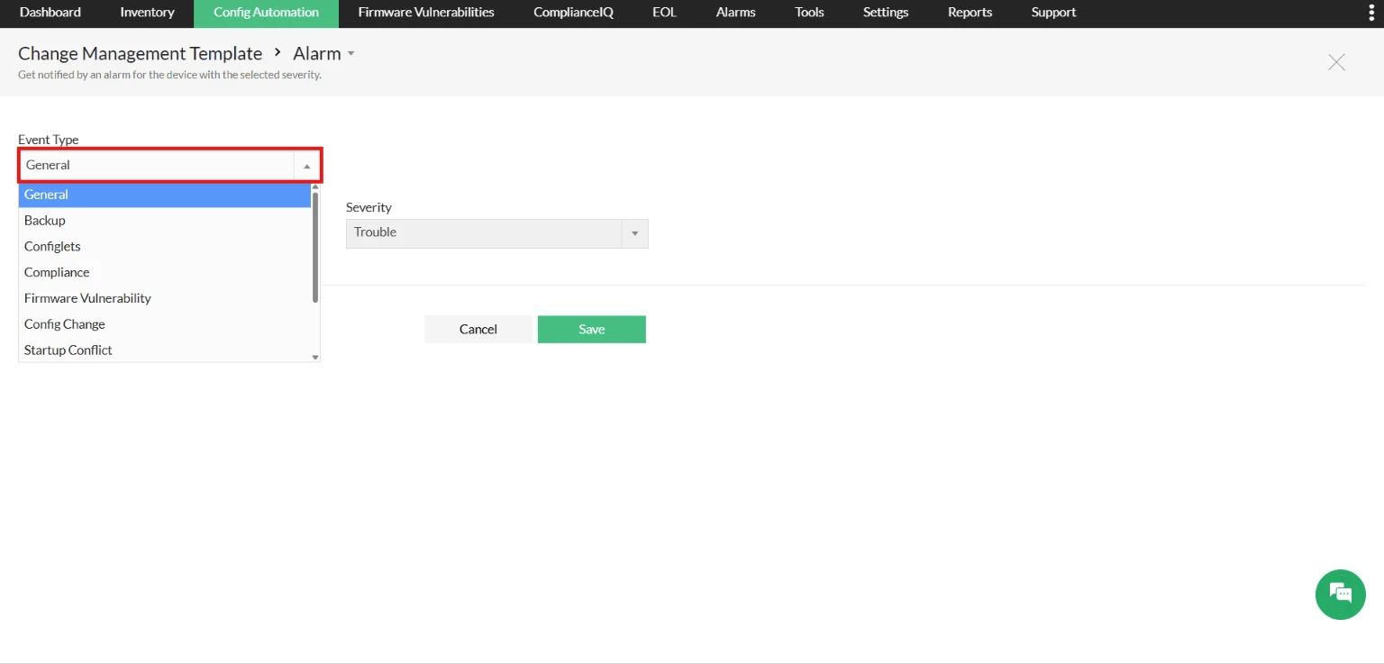 Event Type drop-down in NCM