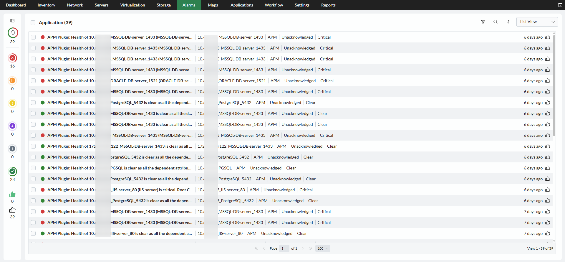 APM alarms Screenshot of APM alarms listed under the Application alarms tab in OpManager