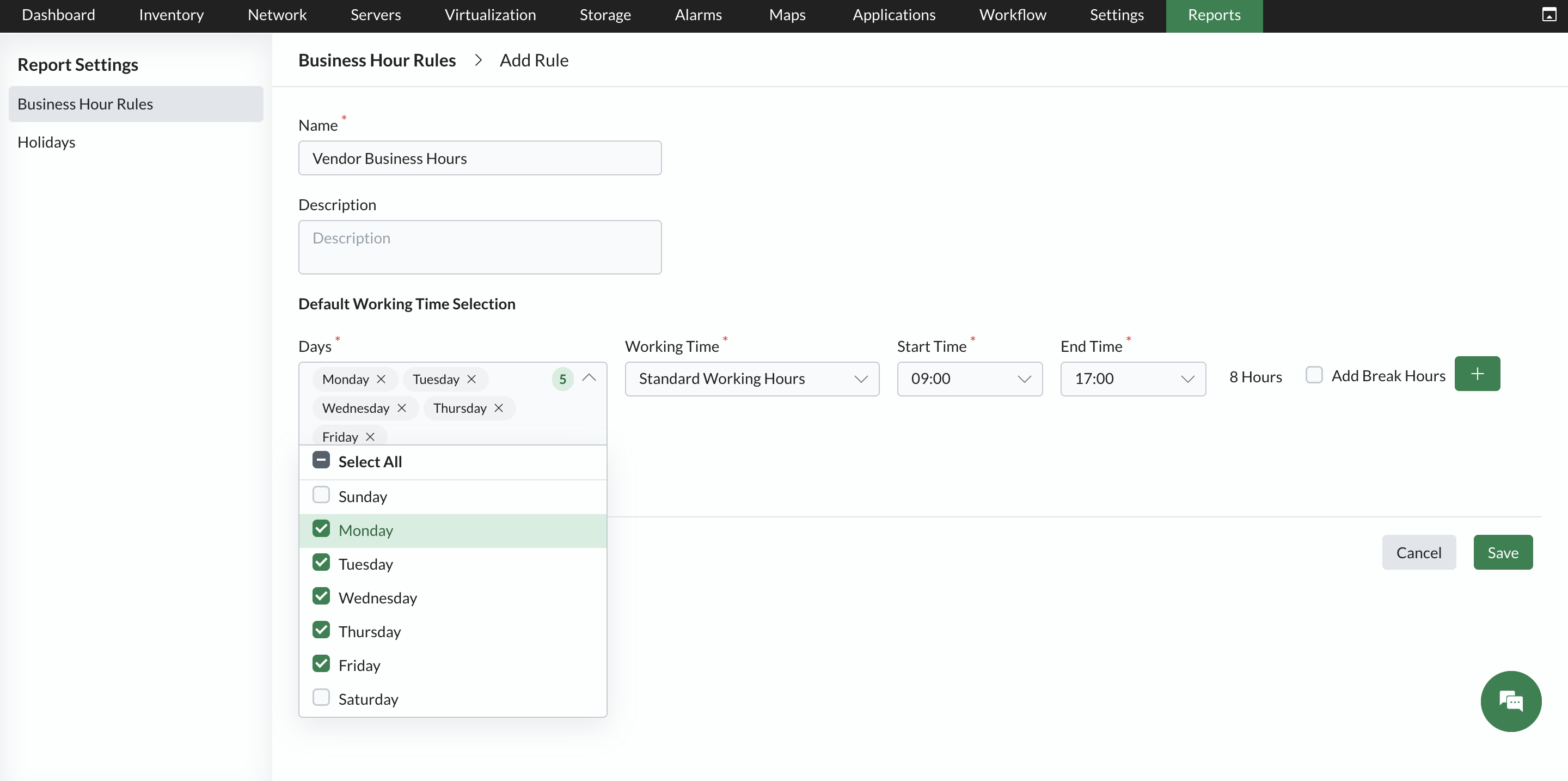 Business Hour Rules - ManageEngine Report settings in OpManager: Business Hour Rules