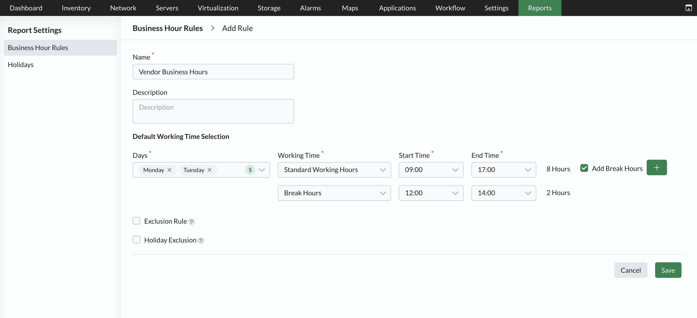 Business Hour Rules - ManageEngine Report settings in OpManager: Business Hour Rules