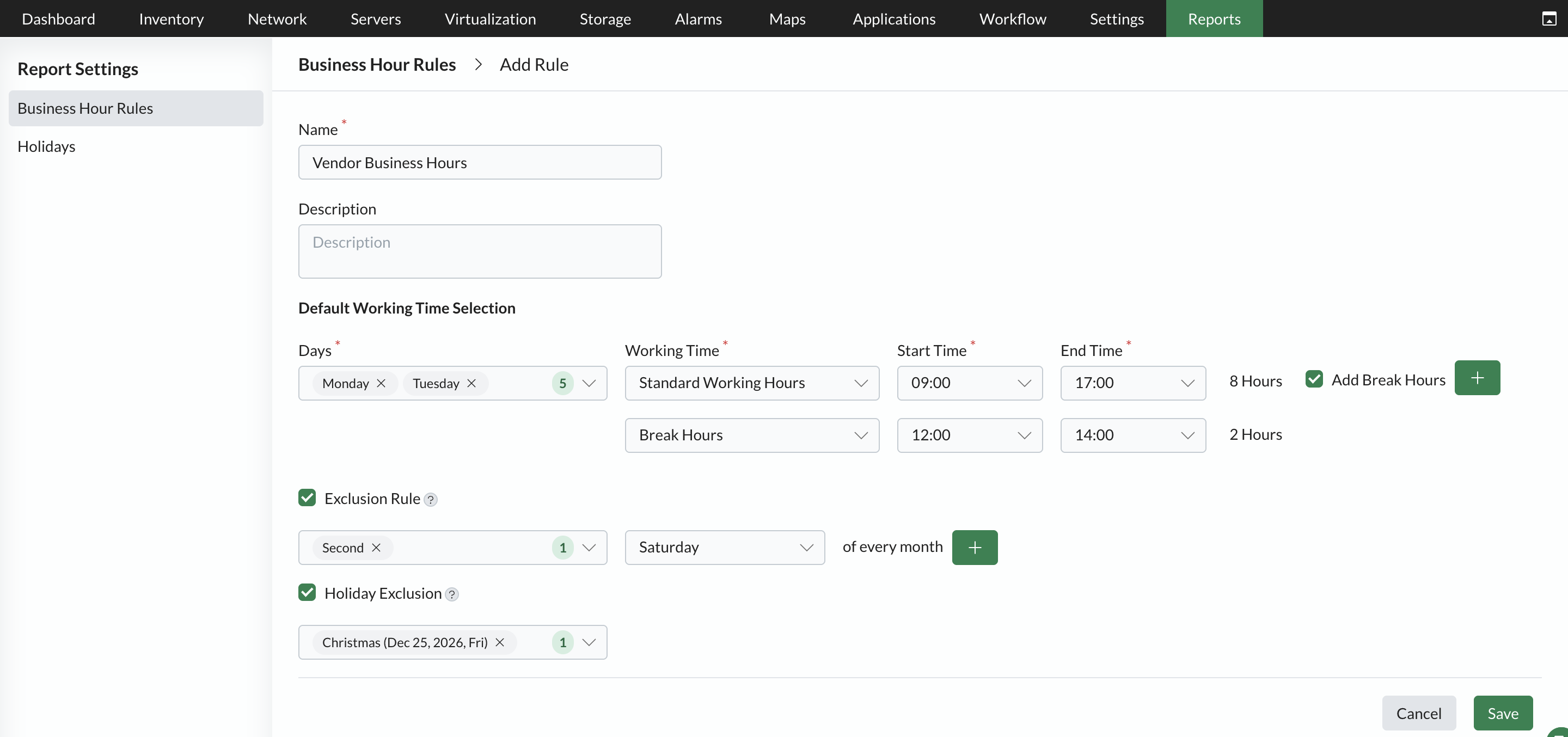 Business Hour Rules - ManageEngine Report settings in OpManager: Business Hour Rules