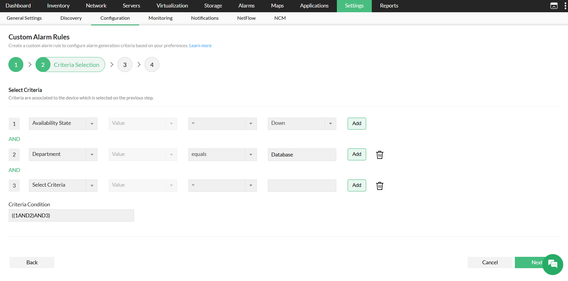 Configuring custom alarm rule in OpManager