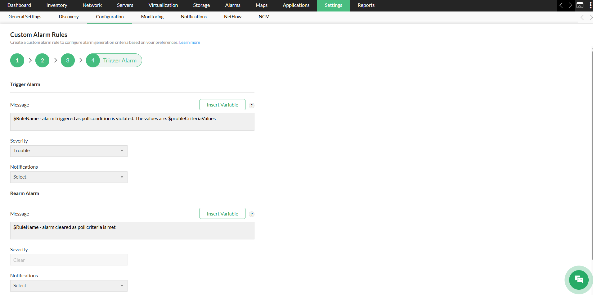 Configuring custom alarm rule in OpManager