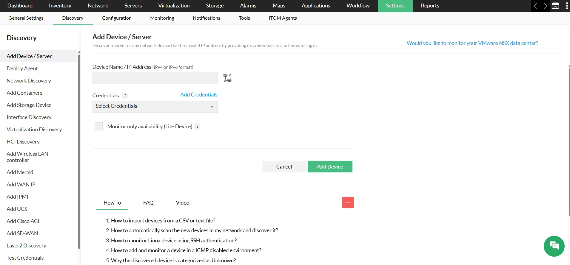 Discovery and monitoring of linux devices with OpManager: Individual linux devices discovery