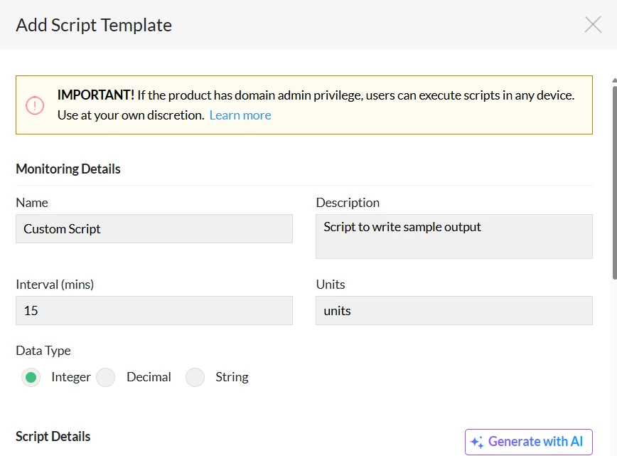 Script monitoring in OpManager: Add script template
