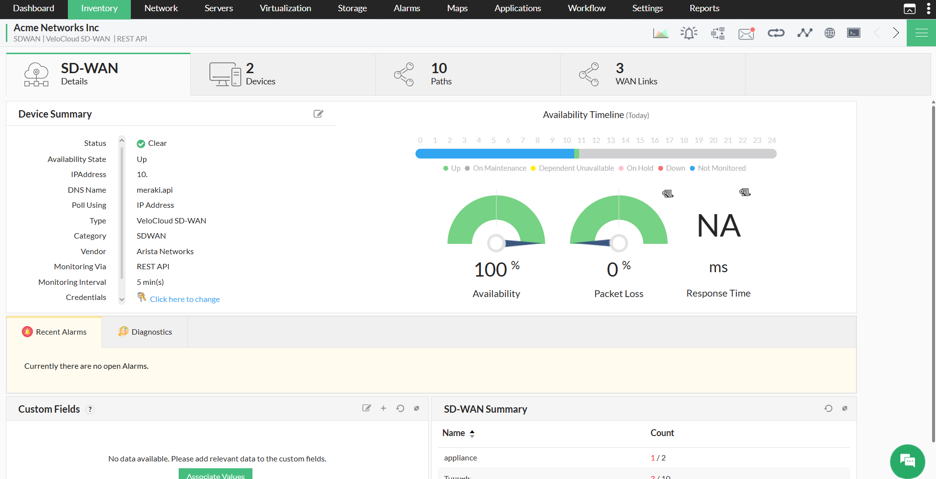 VeloCloud network monitoring in OpManager - Dashboard view