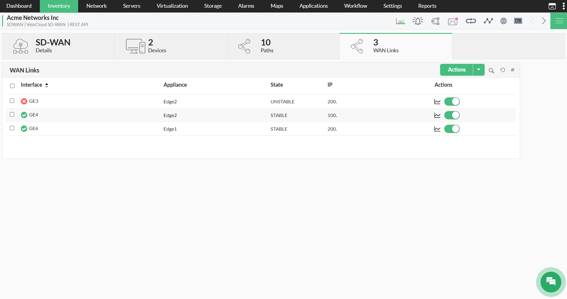 VeloCloud network monitoring in OpManager - Alerts and thresholds