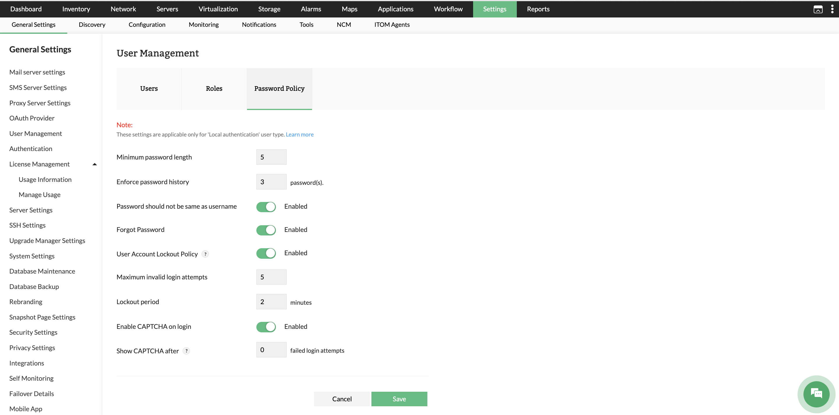 Password policy in OpManager: Password policy under user management