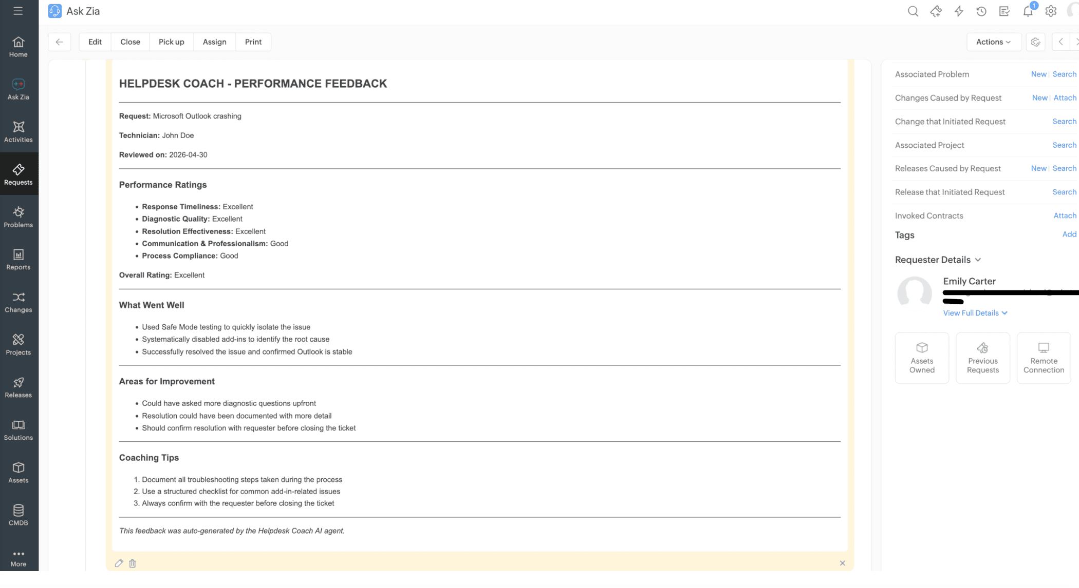 Technician performance feedback example Performance feedback report rating a technician across five service metrics
