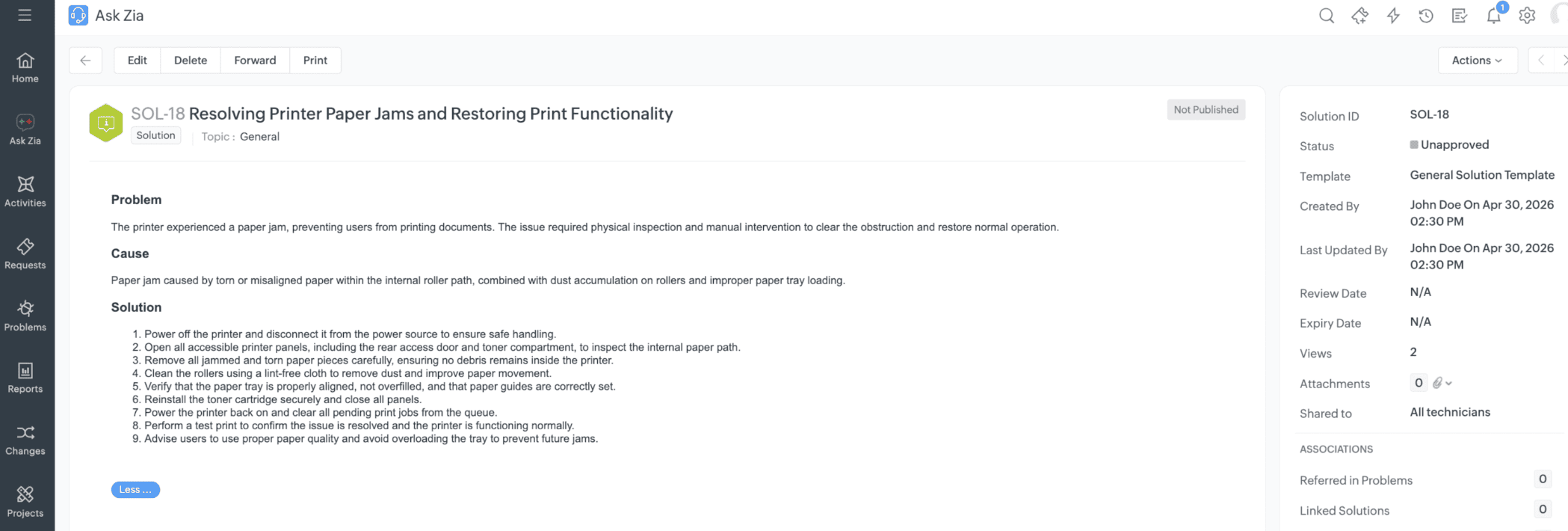 Automated ticket resolution email Screenshot of an automated email notifying a user their VPN ticket is resolved