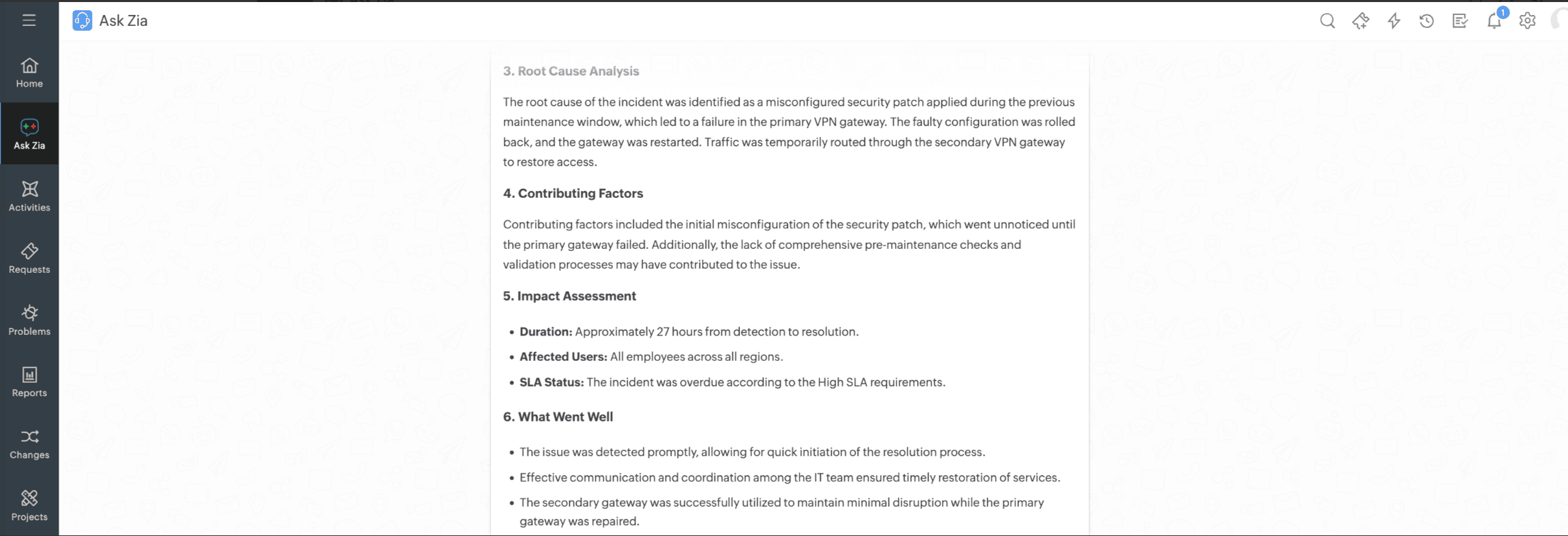 Auto-generated post-incident report example Chat panel showing an auto-generated post-incident report with root cause analysis