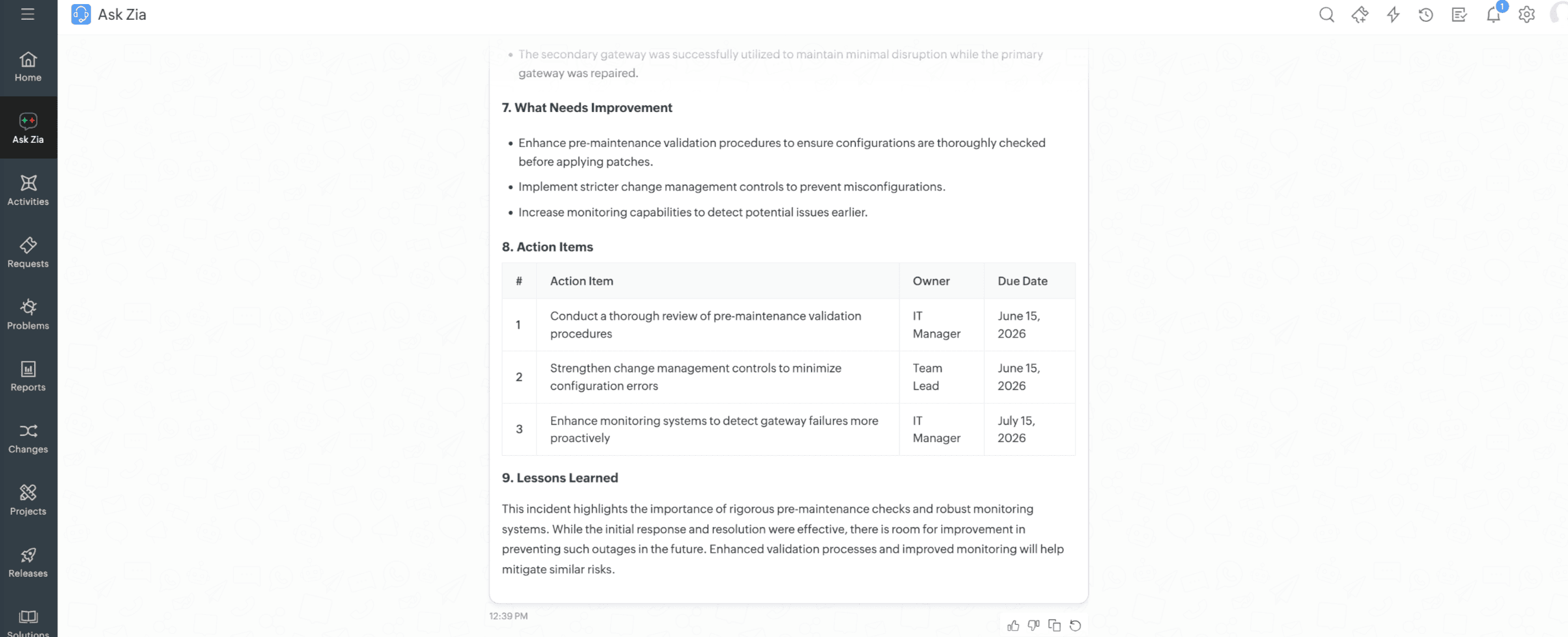 Auto-generated post-incident report example Chat panel showing an auto-generated post-incident report with root cause analysis
