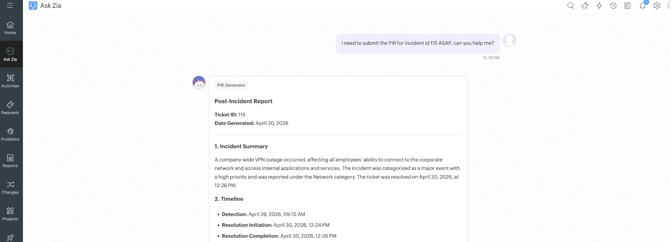 Auto-generated post-incident report example Chat panel showing an auto-generated post-incident report with root cause analysis