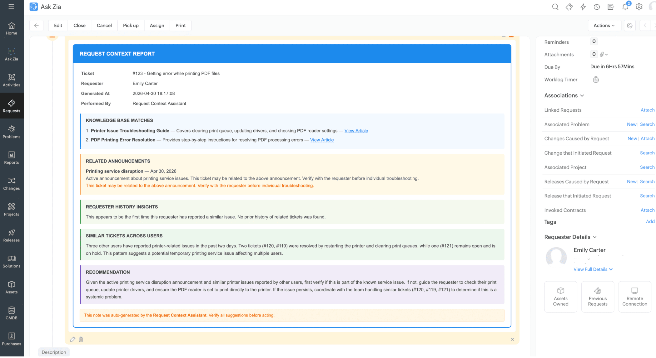 Auto-generated request context report Screenshot of a request context report summarizing KB matches and ticket history