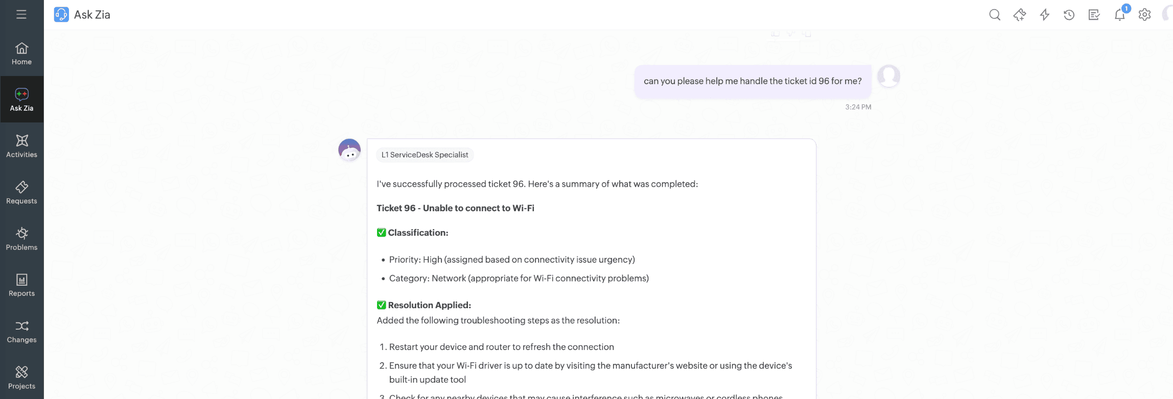 AI ticket resolution chat example Chat showing an AI agent classifying and auto-resolving a Wi-Fi ticket