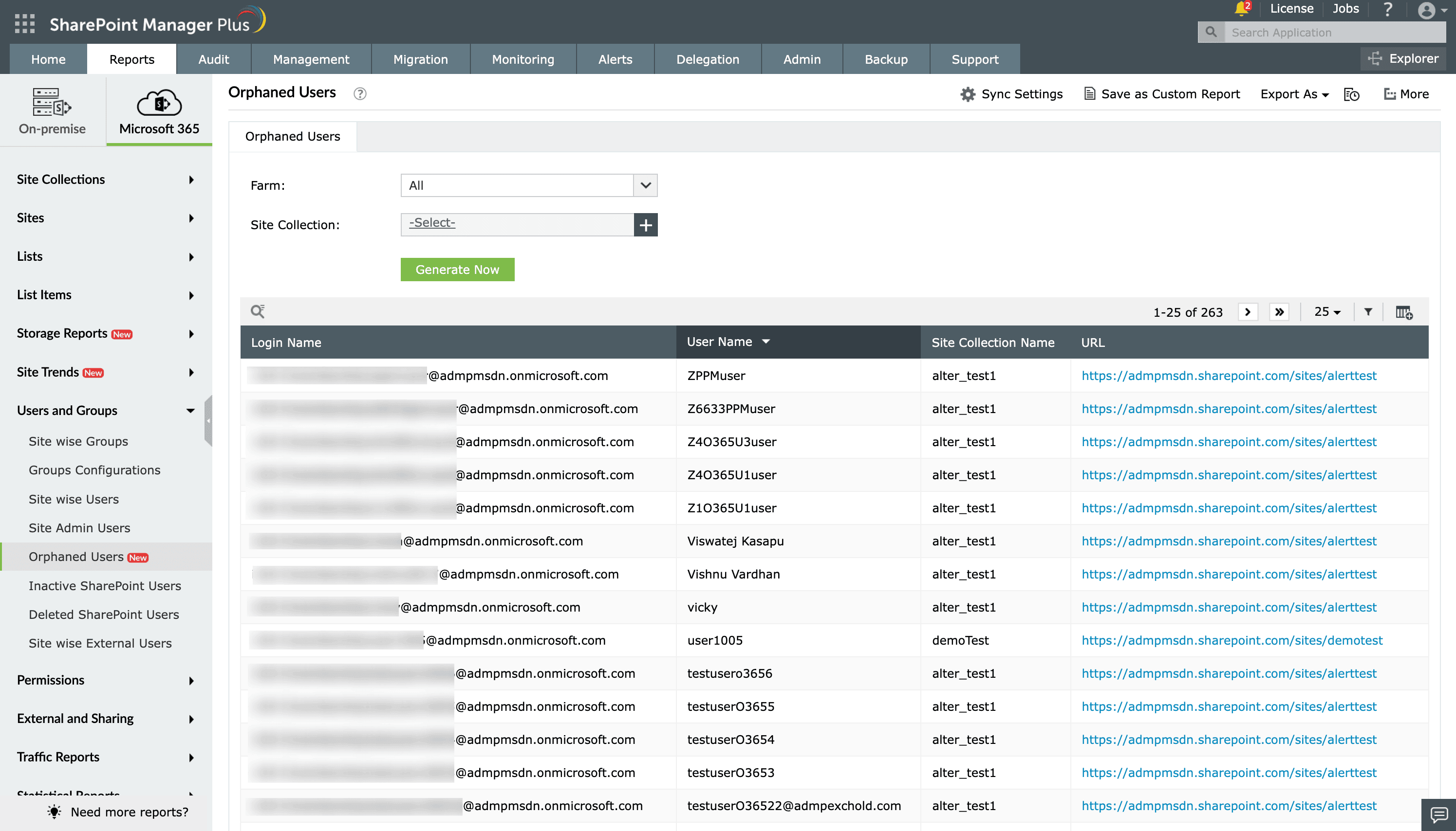 A report generated on orphaned users in SharePoint Manager Plus
