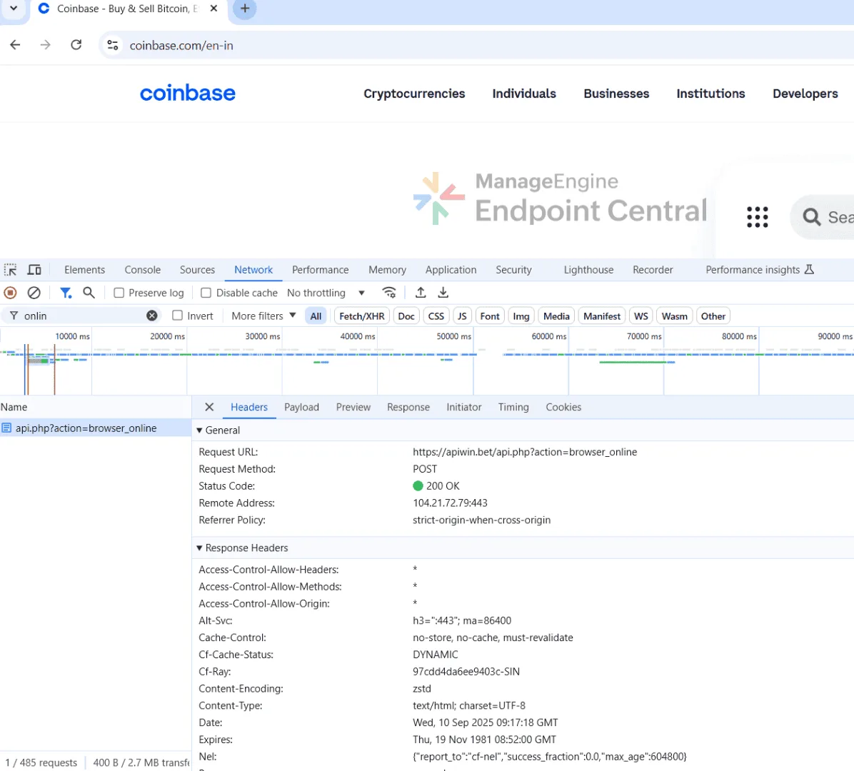 DevTools network capture of the browser_online POST beacon to the attacker API returning 200 OK