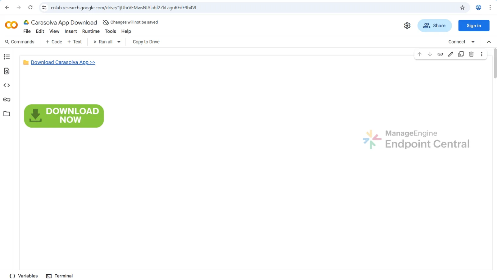 Google Colab notebook showing a prominent Download Now button and a download link