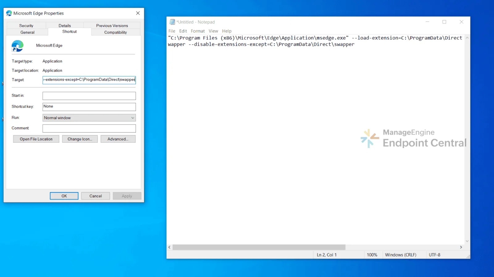 Microsoft Edge shortcut properties with the same extension-loading flags appended to the target