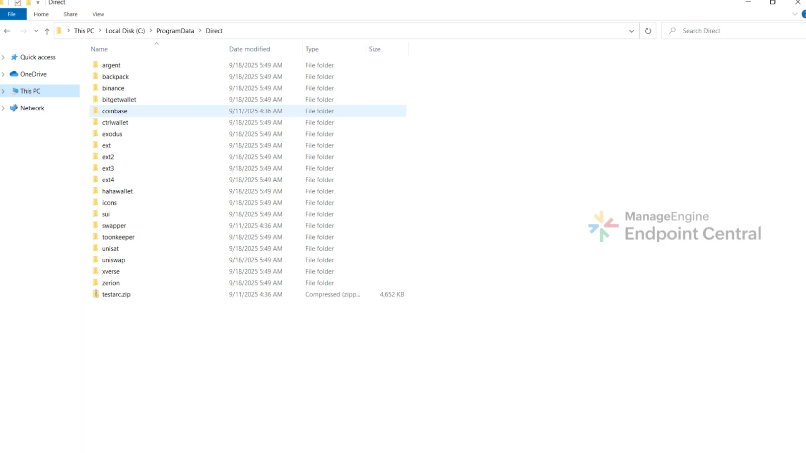 Contents of C:\ProgramData\Direct showing the swapper folder, wallet look-alike extension folders, and testarc.zip