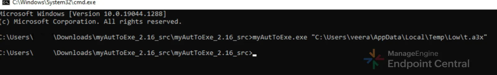 Command prompt running myAut2Exe to decompile t.a3x into AutoIt source