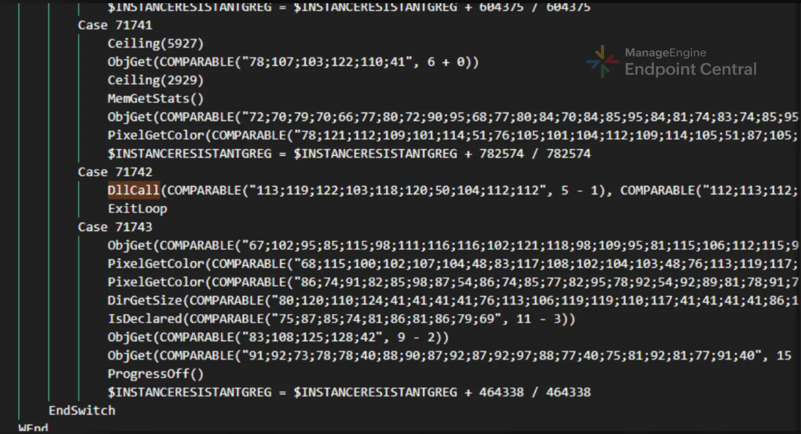 Obfuscated AutoIt source with ASCII-encoded API names and blocks of dead code
