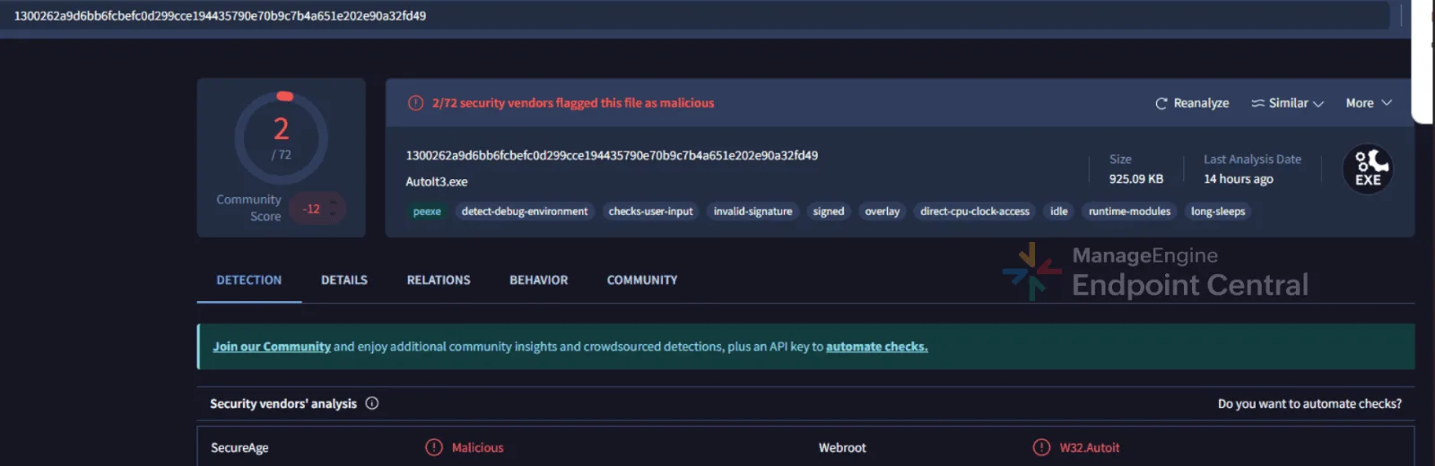VirusTotal analysis identifying Angry.com as a renamed AutoIt3 interpreter flagged by two vendors