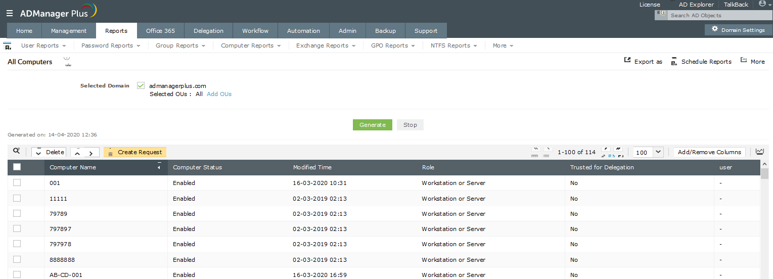 ADManager Plus'ı kullanarak tüm Active Directory bilgisayar nesnelerini listeleme