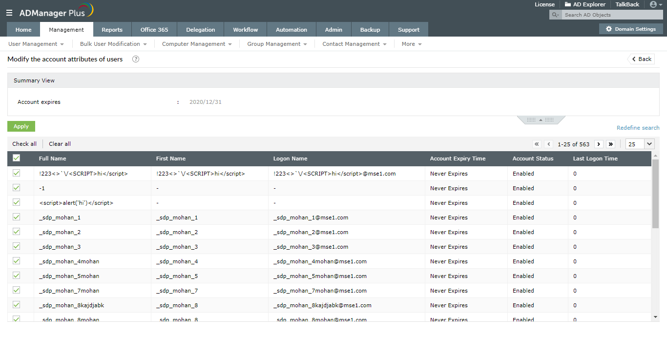 ADManager Plus kullanarak Active Directory hesapları için son geçerlilik tarihini belirleme