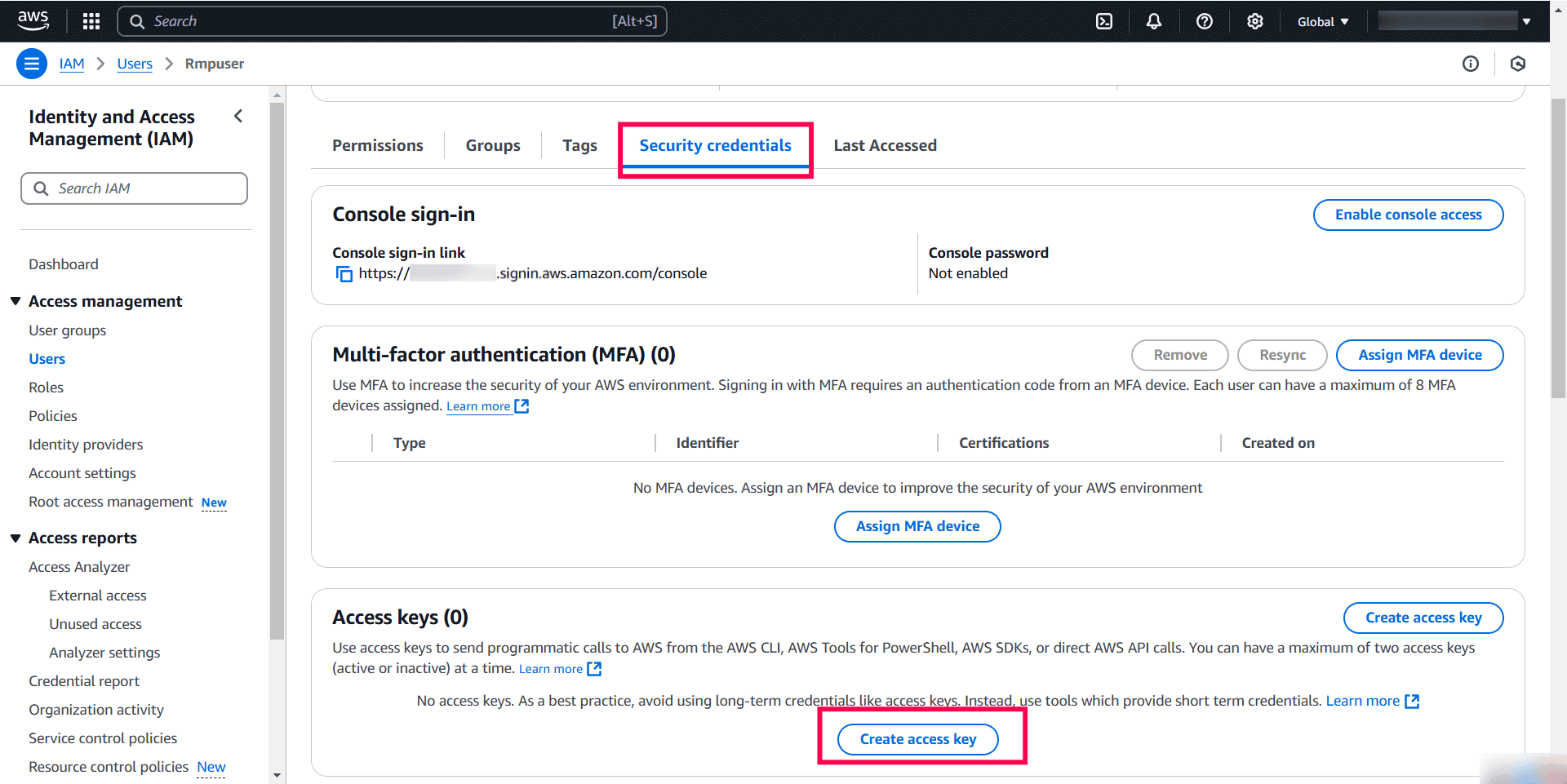 Creating access keys for the user.