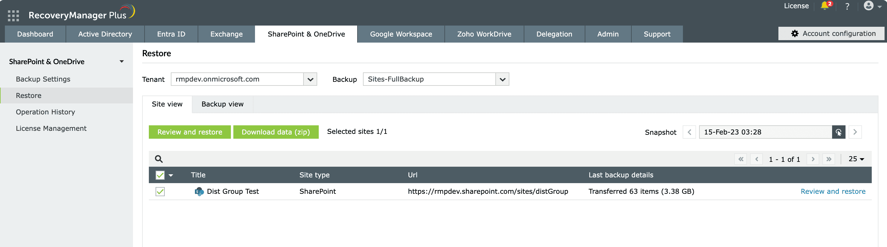 Restoring SharePoint Online and OneDrive for Business sites in RecoveryManager Plus