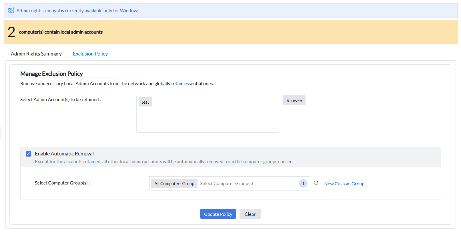 Exclusion Policy & Automatic Admin Rights Removal