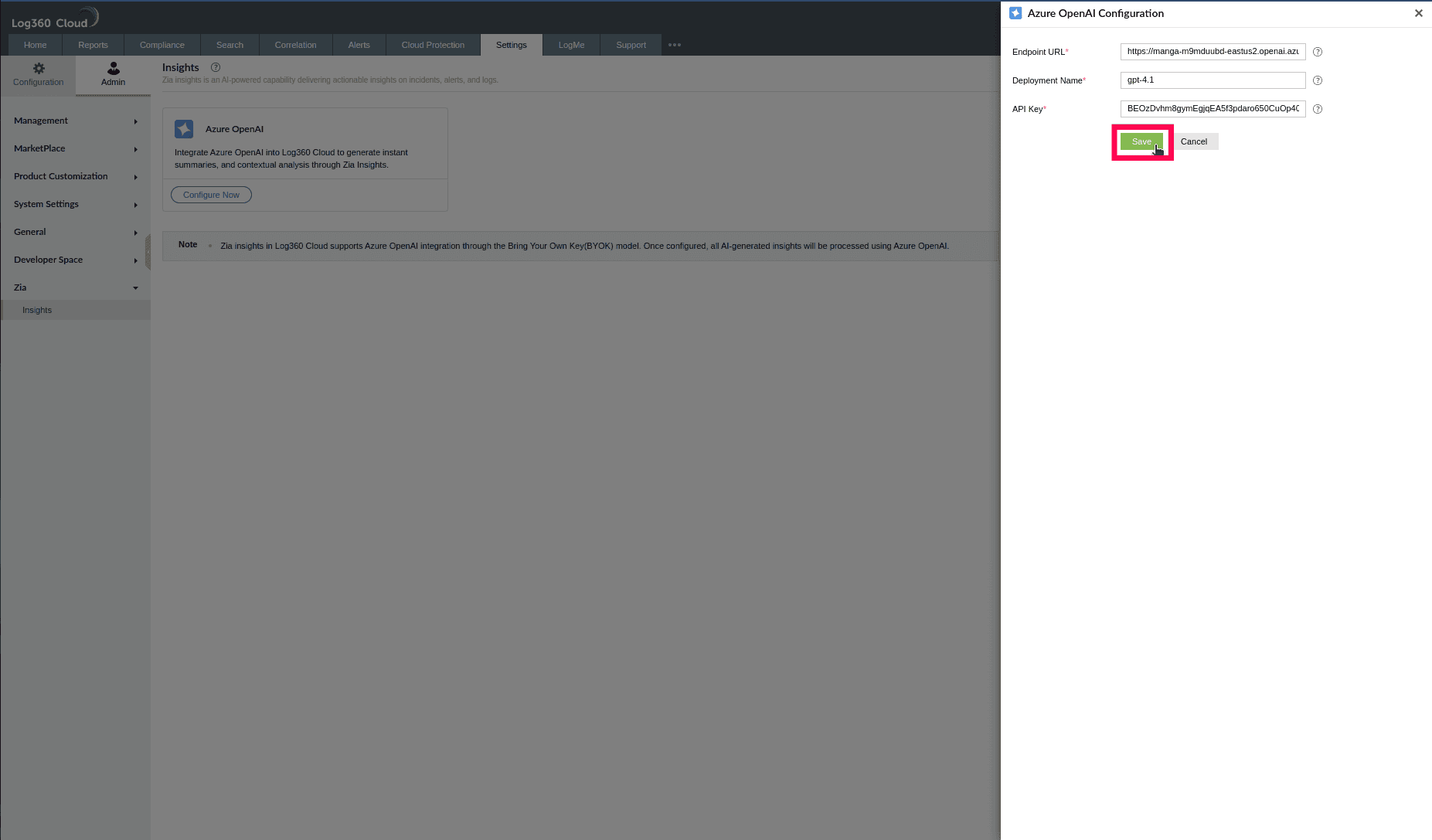 Configuring Azure OpenAI in ManageEngine Log360 Cloud